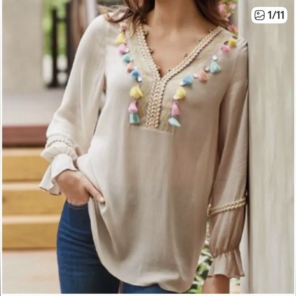 NWT Soft Surroundings Clementine Tassel Tunic Blouse Top size Medium Boho Beachy